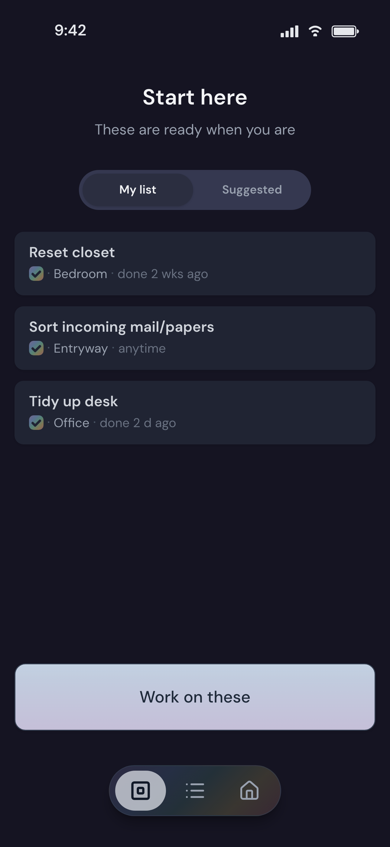 Start here screen with My list selected, showing five chosen tasks ready to work on