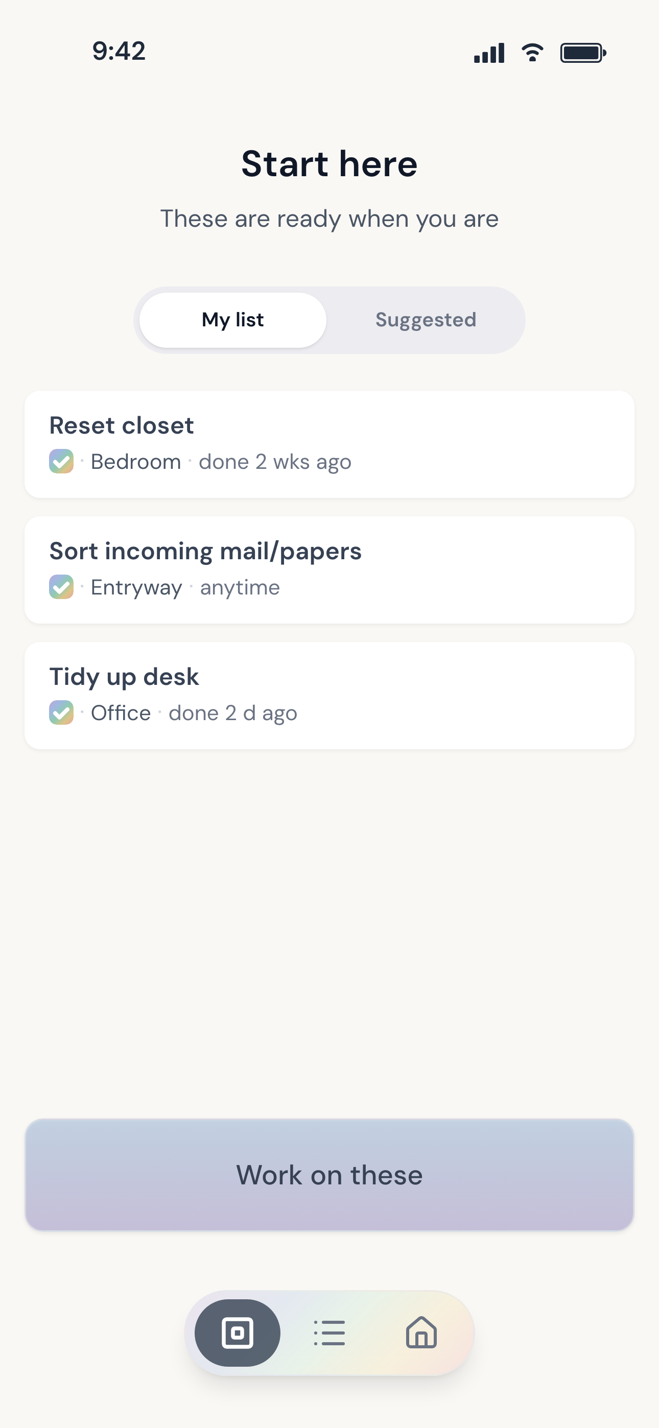Start here screen with My list selected, showing five chosen tasks ready to work on