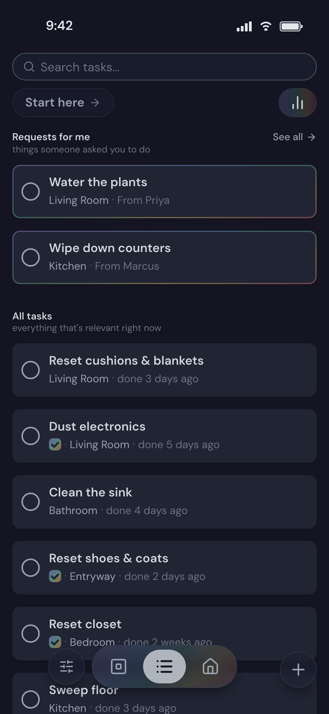 Task list with a Requests for me section above the ordinary tasks