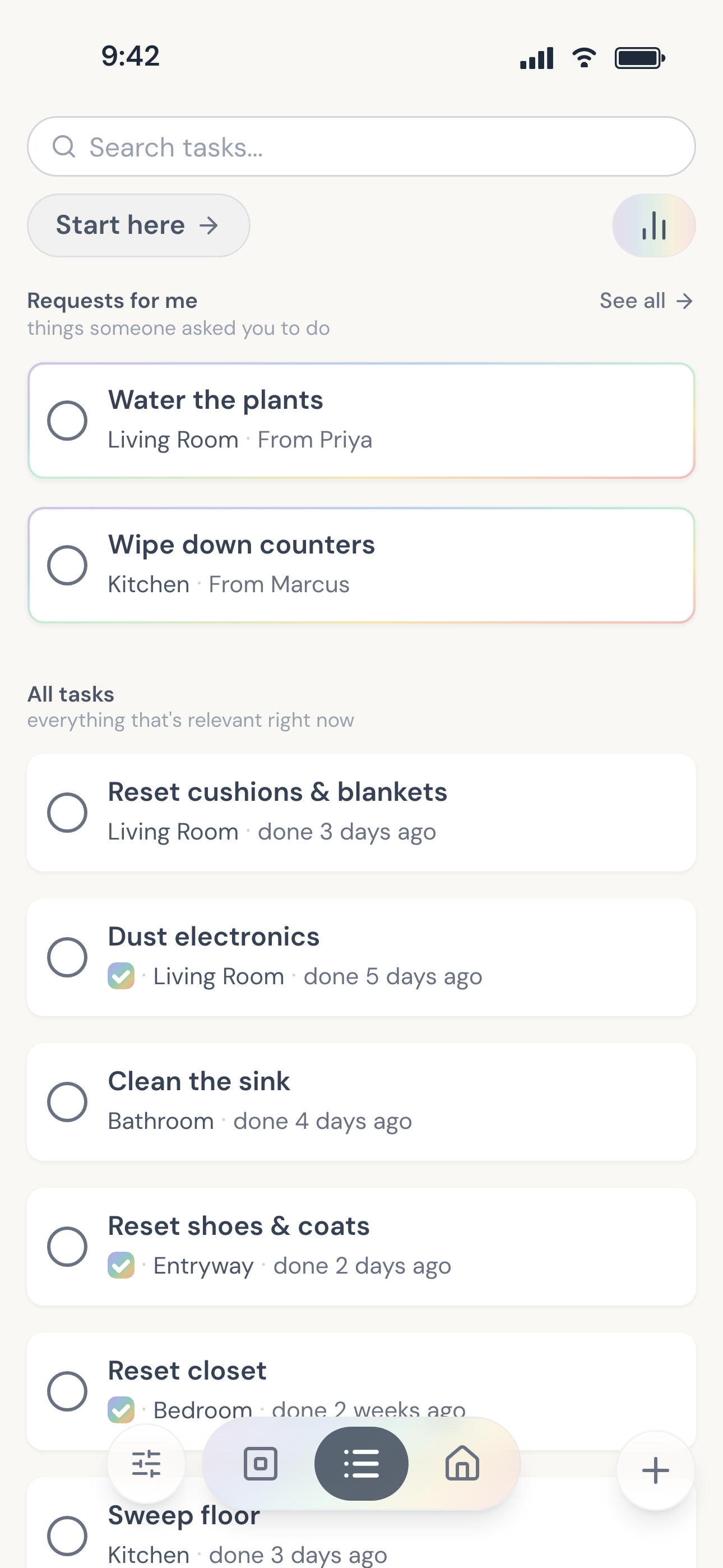Task list with a Requests for me section above the ordinary tasks