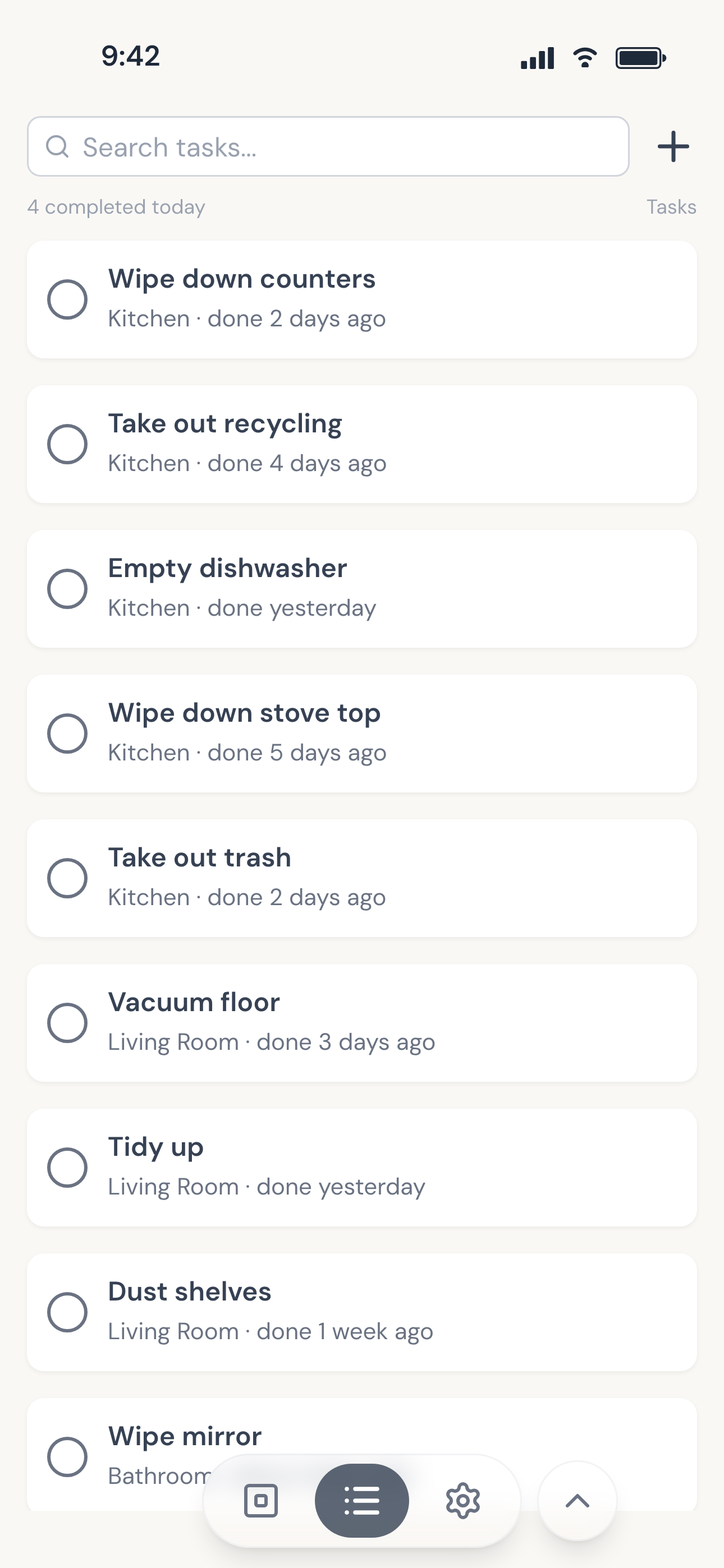 Task list showing available tasks to start
